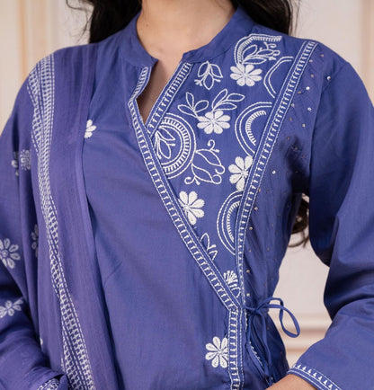 Designer Lavender Cotton Kurti Pant Set With Embroidery