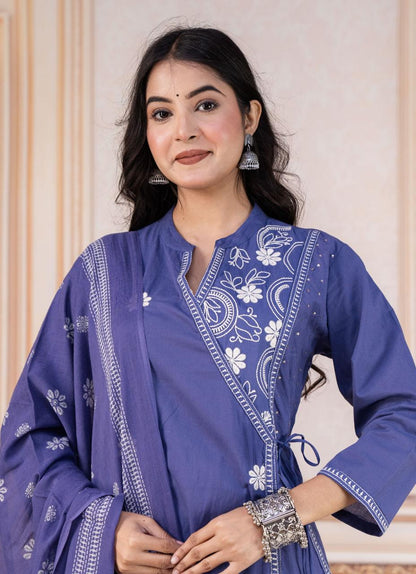 Designer Lavender Cotton Kurti Pant Set With Embroidery