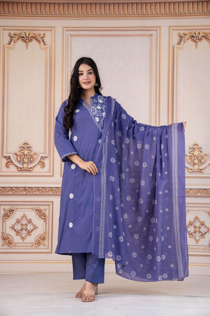 Designer Lavender Cotton Kurti Pant Set With Embroidery