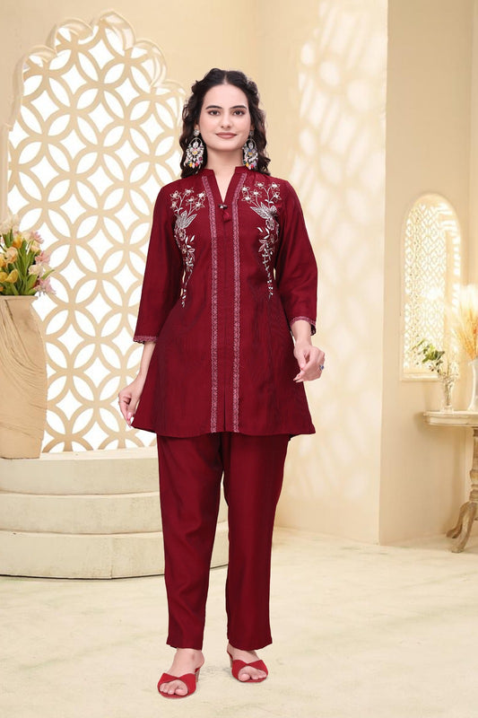 Maroon Berlin Fabric Straight Kurti Set with Floral Embroidery