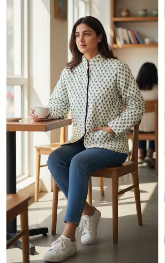 Green Flower Printed Reversible Jacket