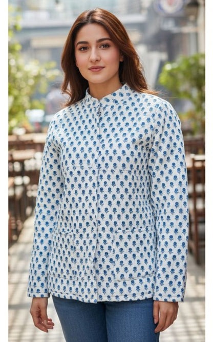 Blue And White Cotton Printed Jacket