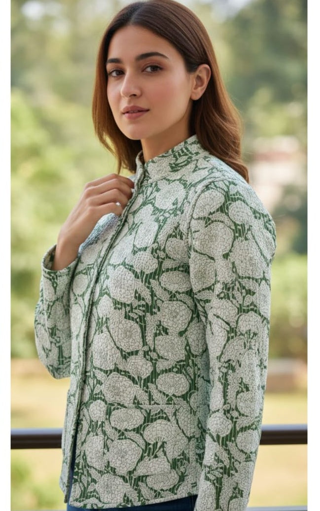 Green Flower Printed Reversible Jacket