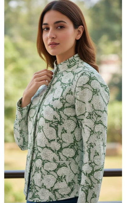Green Flower Printed Reversible Jacket