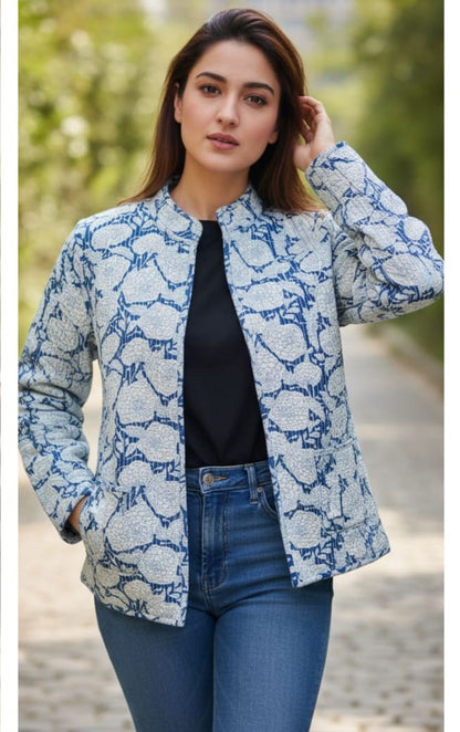 Blue And White Cotton Printed Jacket