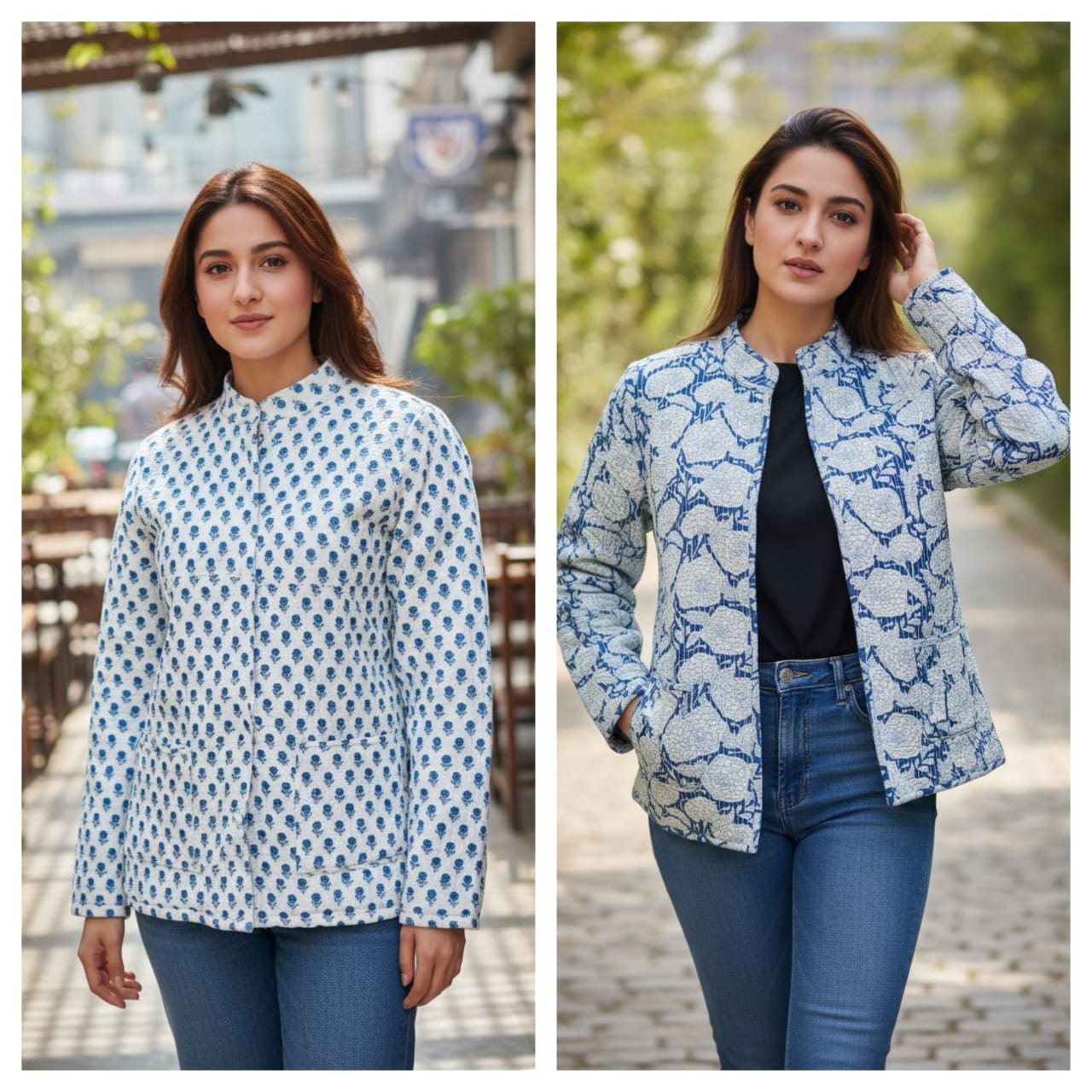 Blue And White Cotton Printed Jacket