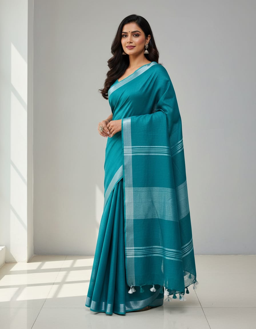 Teal Plain Linen Cotton Saree with Tassels
