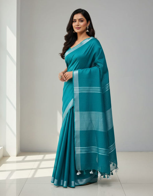 Teal Plain Linen Cotton Saree with Tassels