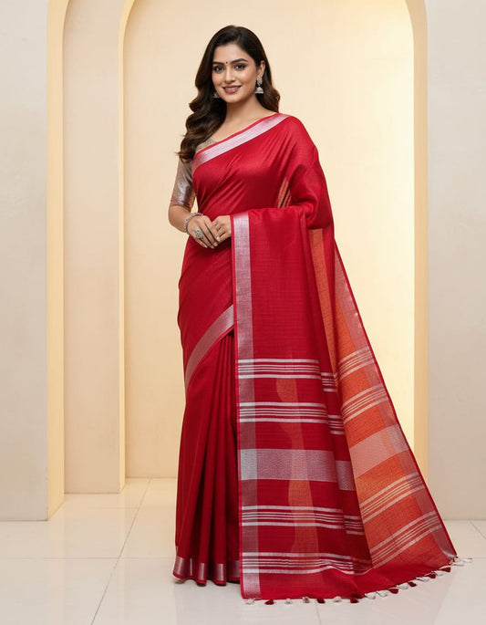 Linen Cotton Red Saree For Festival Wear