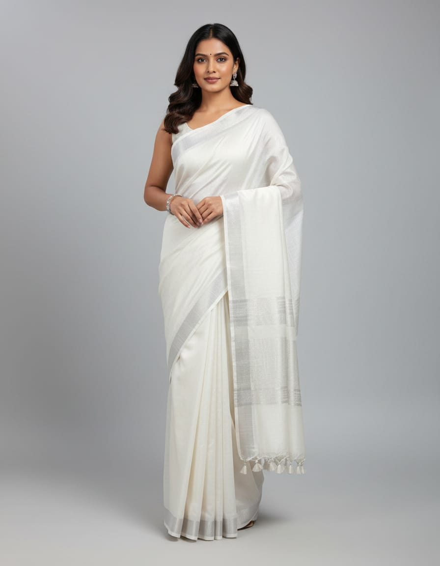 Beautiful linen cotton white saree with plain dye finish and attached tassels, including matching blouse piece.
