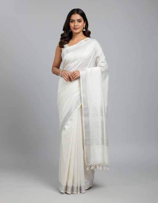 Beautiful Linen Cotton White Saree