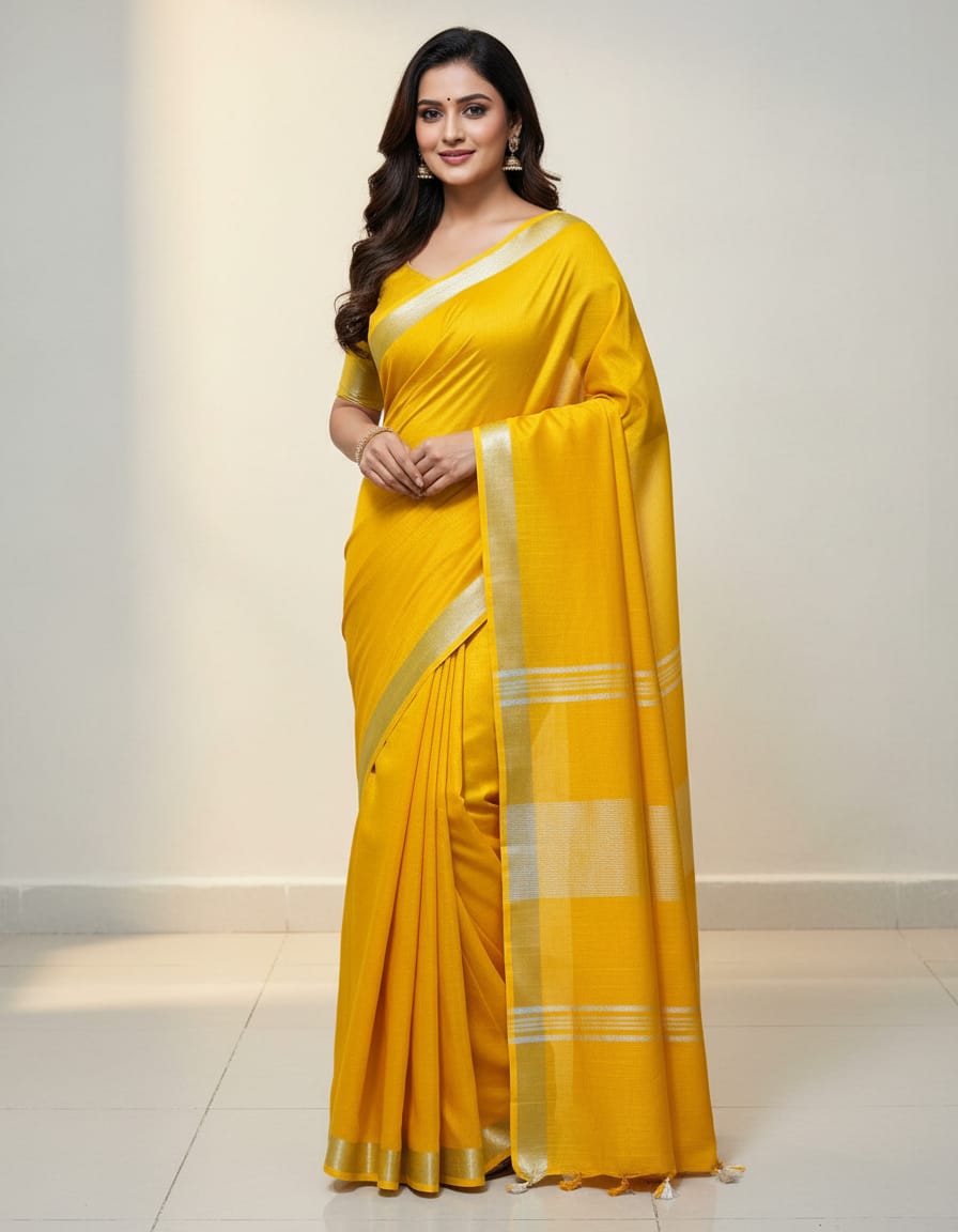 Plain Yellow Linen Cotton Saree With Matching Blouse