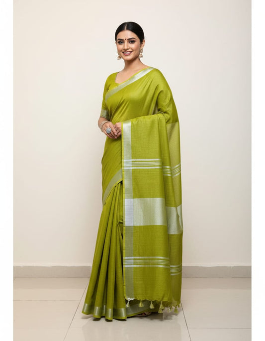 Green Plain Linen  Saree For Women