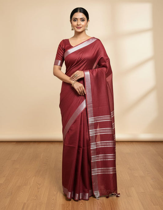Marron Plain Saree With A Matching Blouse And Tassels