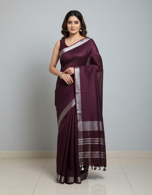 Linen Cotton Wine Saree With Silver Border Detailing