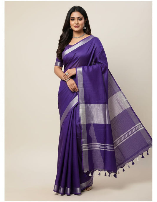 Purple Linen Cotton Plain Saree