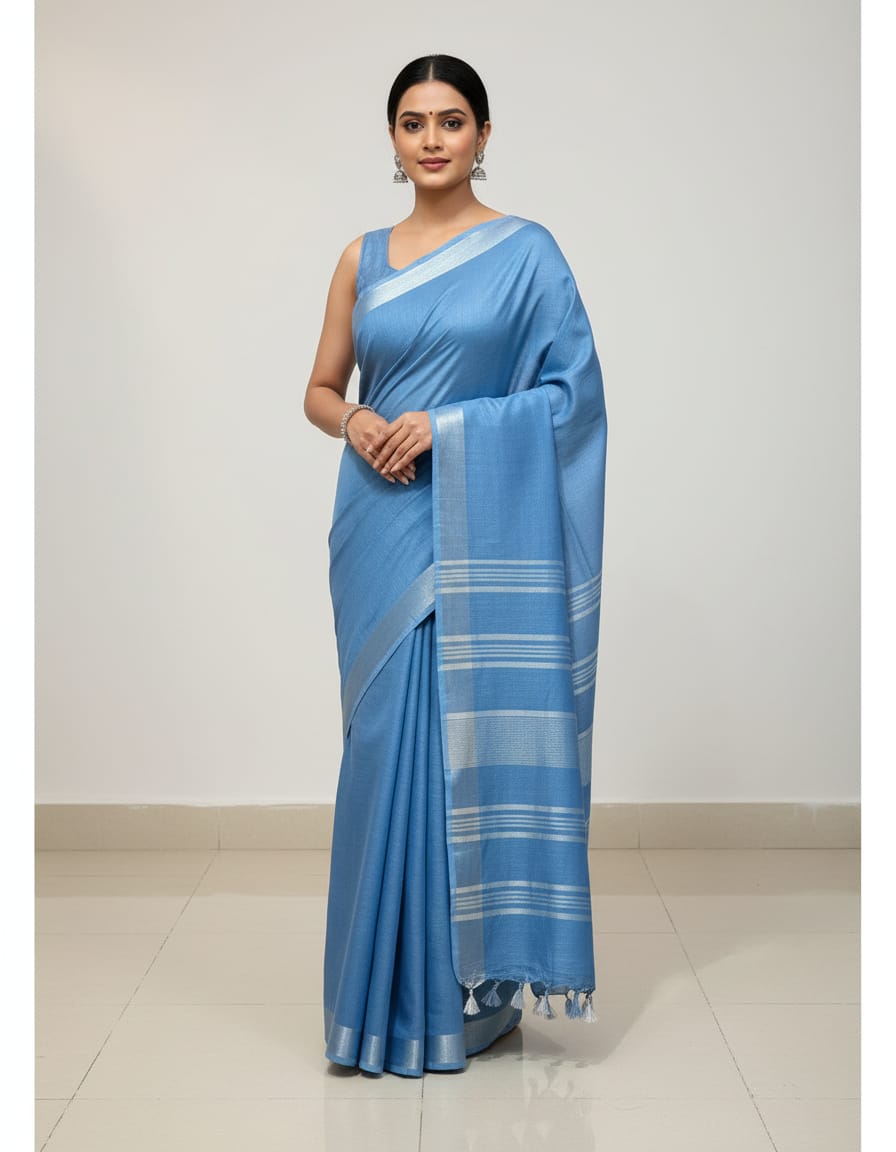 Sky Blue Linen Cotton Saree For Women