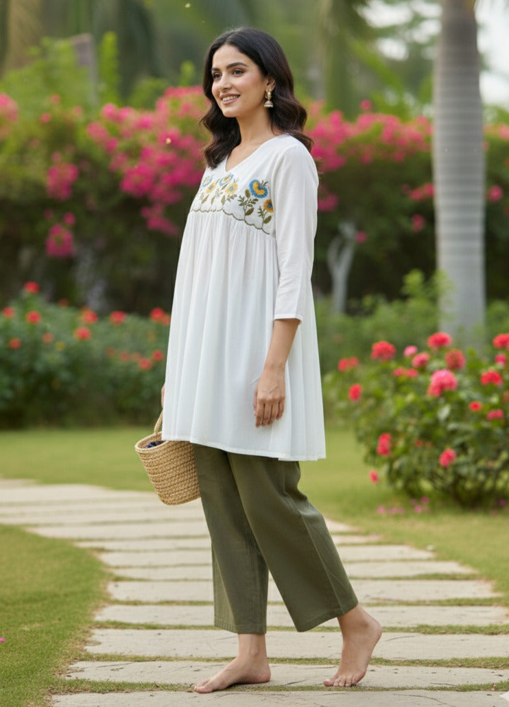 Summer Wear Rayon Embroidered Kurti With Pant