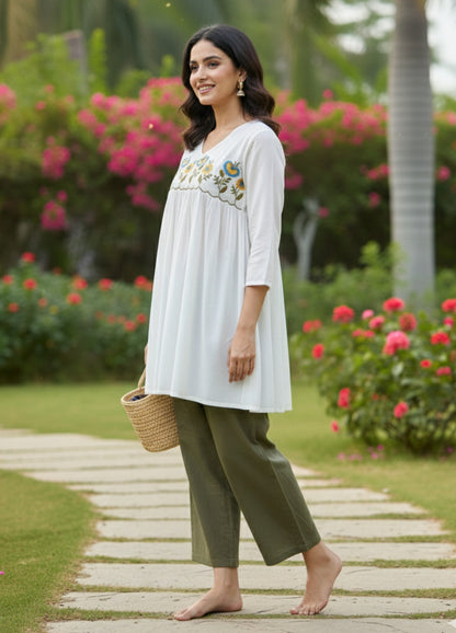 Summer Wear Rayon Embroidered Kurti With Pant