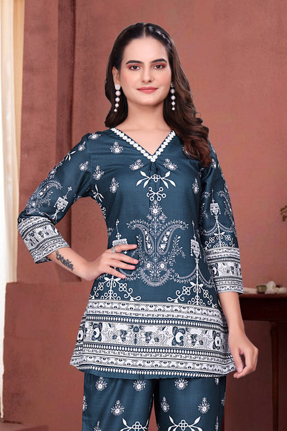 Teal Digital Print Co-ord Set with Lace V-Neck