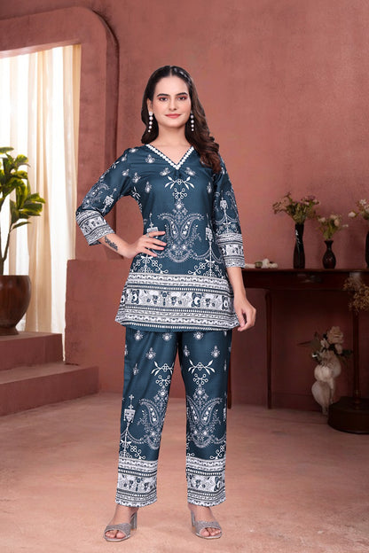 Teal Digital Print Co-ord Set with Lace V-Neck