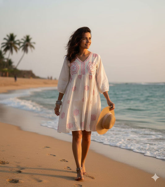 Woman wearing soft cotton beach wear one-piece dress with embroidery on a casual day out