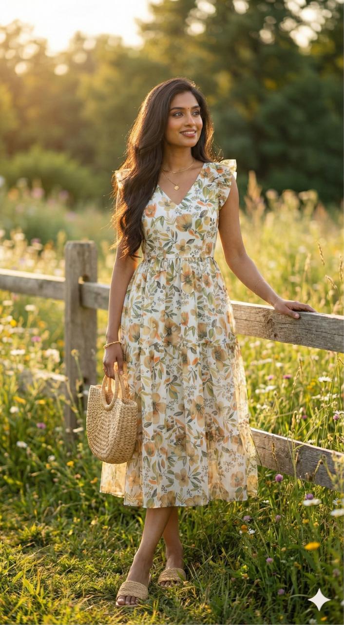 White Chiffon Floral Print One Piece Dress
