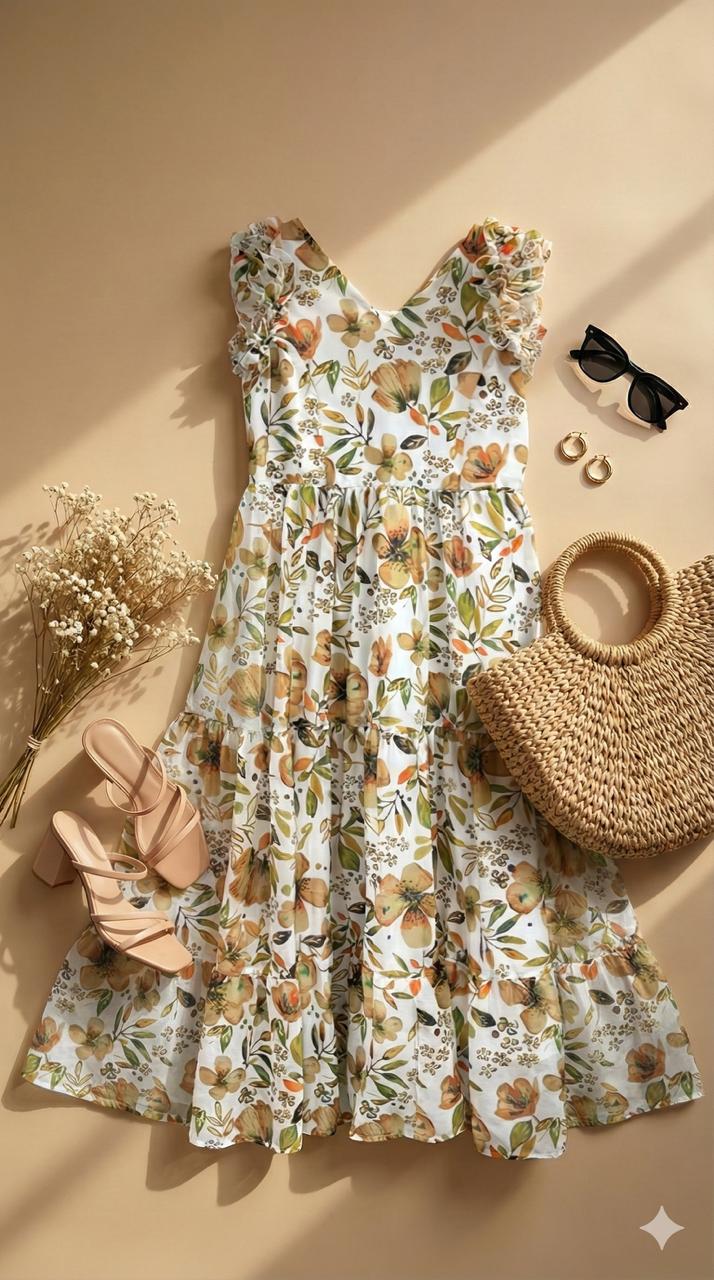 White Chiffon Floral Print One Piece Dress