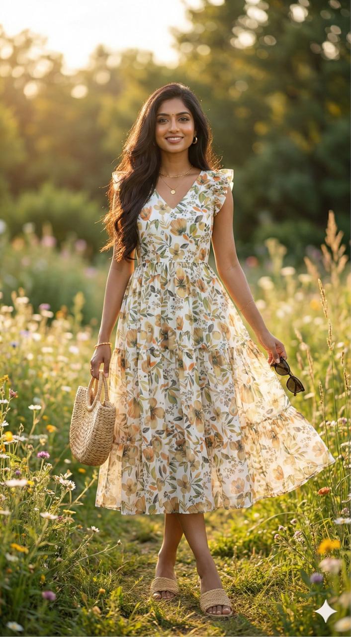 White Chiffon Floral Print One Piece Dress