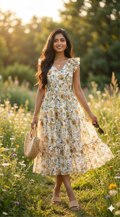 White Chiffon Floral Print One Piece Dress