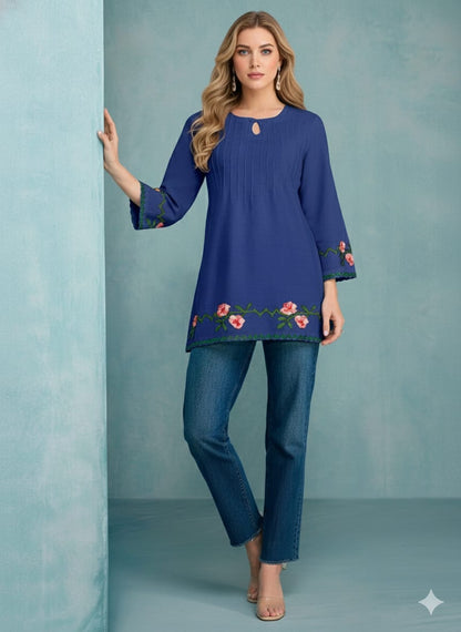 Rayon Blue Embroidery Work Short Kurti