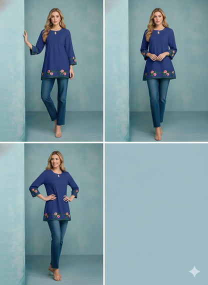 Rayon Blue Embroidery Work Short Kurti