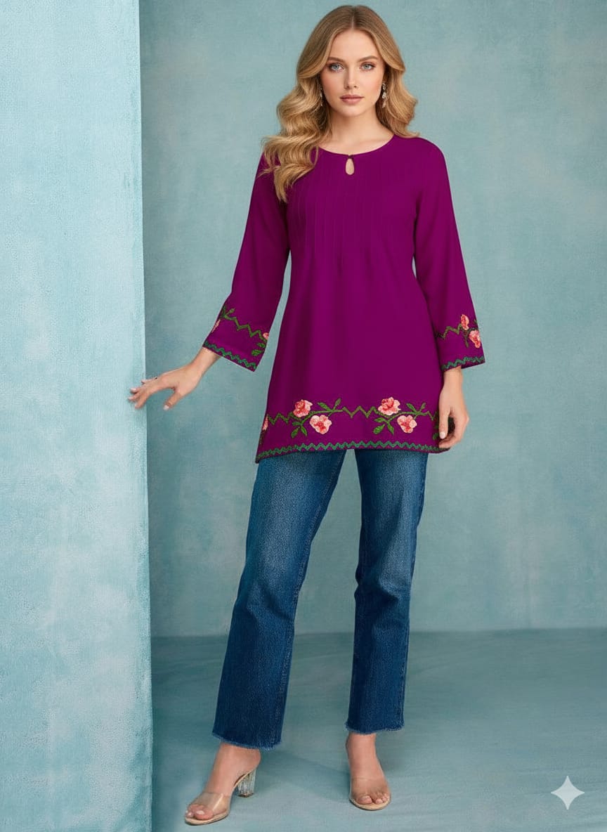 Wine Rayon  Embroidery Work Top