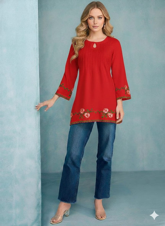 Rayon Red With Embroidery Work Short Top