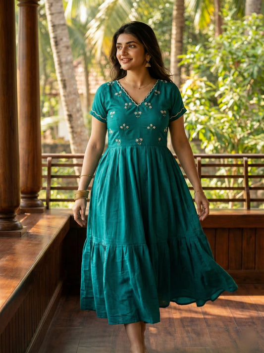 Premium Teal Green Handwork Flared One Piece Dress