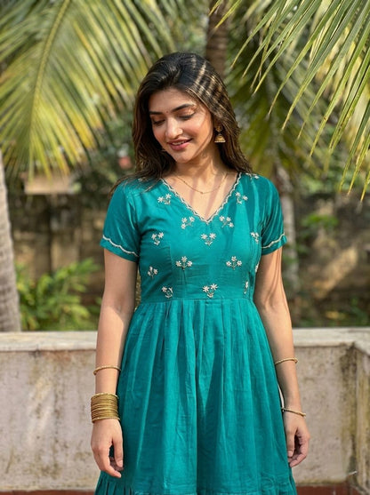 Premium Teal Green Handwork Flared One Piece Dress