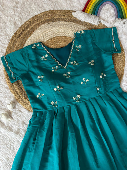 Premium Teal Green Handwork Flared One Piece Dress