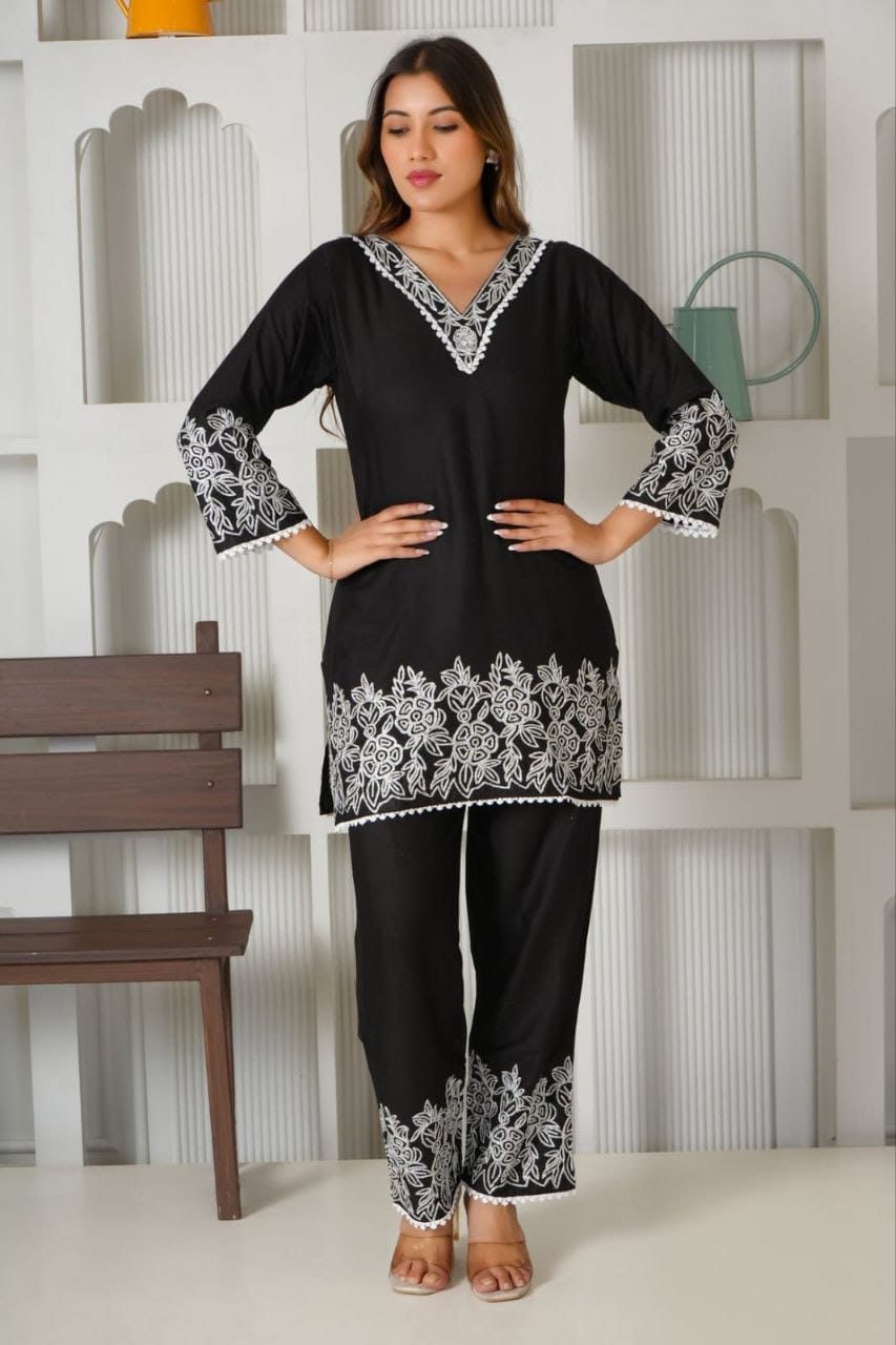 Designer Floral Embroidery Straight Kurti with Pant Set