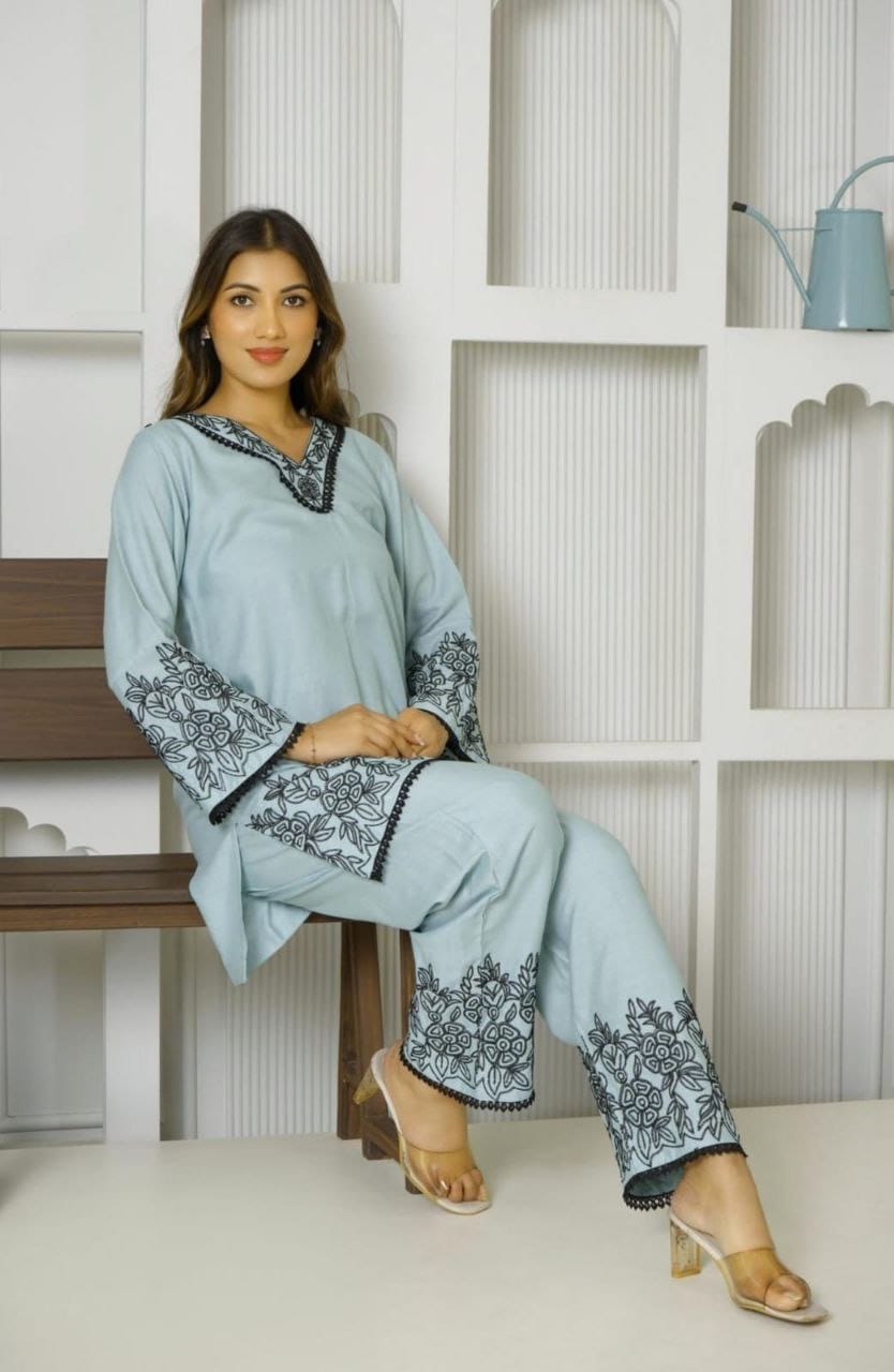 Sky Blue Cotton Embroidered Co-ord Set