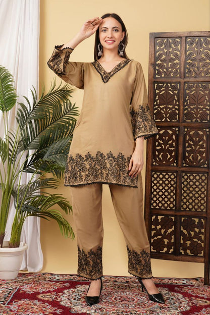 Brown Floral Embroidered Co-ord Set
