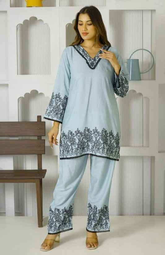 Sky Blue Cotton Embroidered Co-ord Set