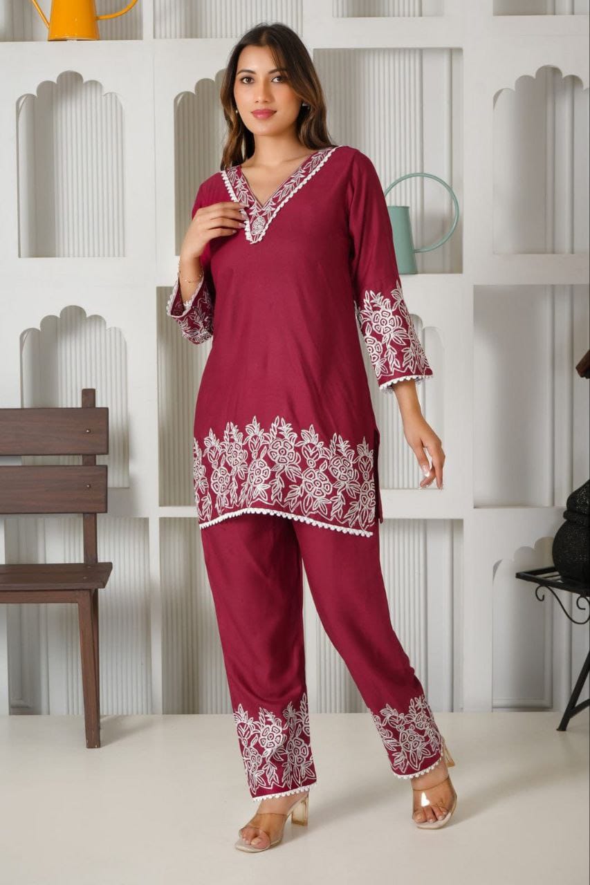 Maroon embroidered co-ord set in Tesla cotton slub fabric for daily and office wear