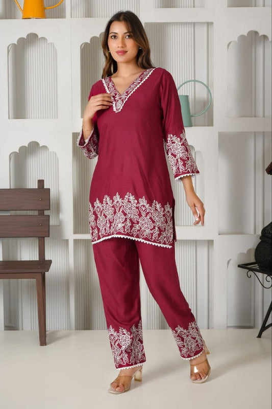 Maroon embroidered co-ord set in Tesla cotton slub fabric for daily and office wear