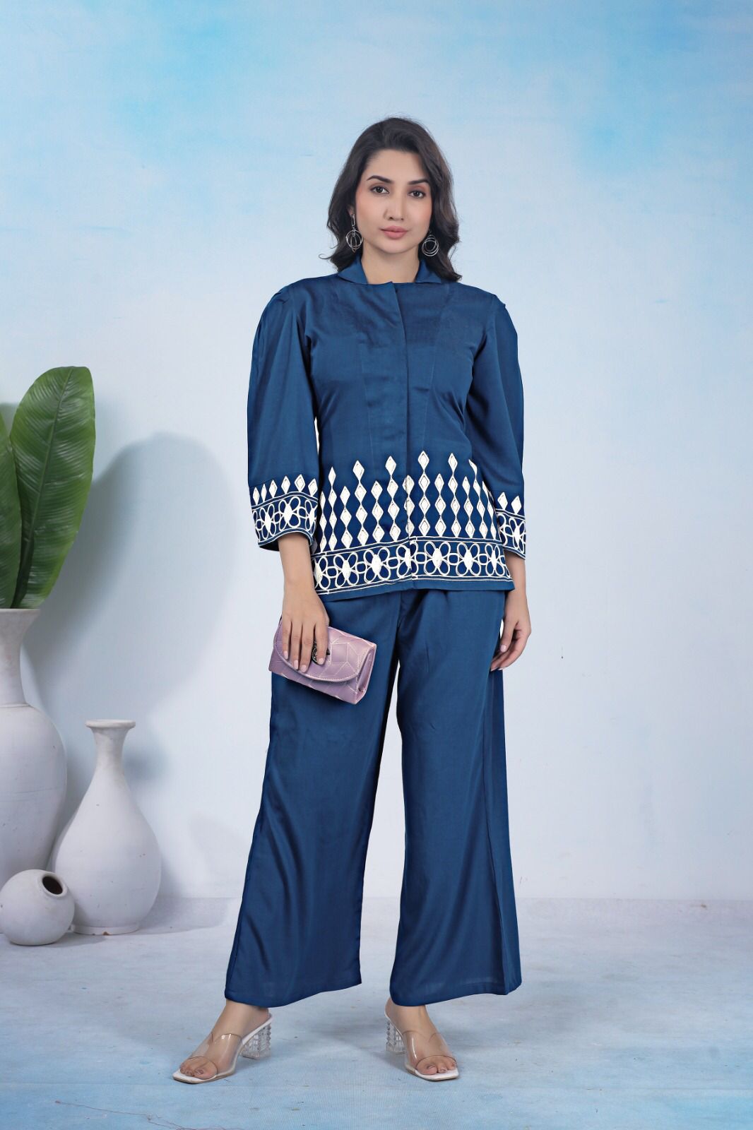 Blue Co-ord Set with Hand Embroidery for Women Airport Look