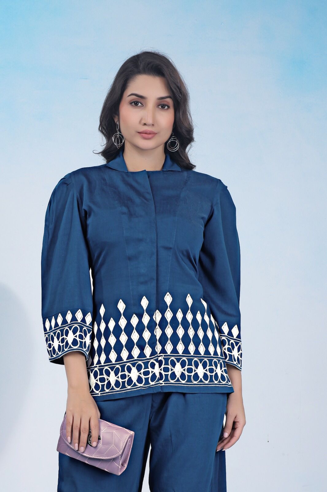 Blue co-ord set for women with hand embroidery and 3/4 sleeves