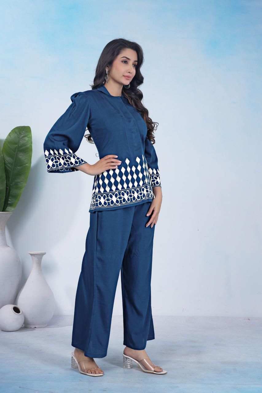 Blue co-ord set with hand embroidery for women airport look in blue color