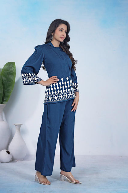 Blue co-ord set with hand embroidery for women airport look in blue color