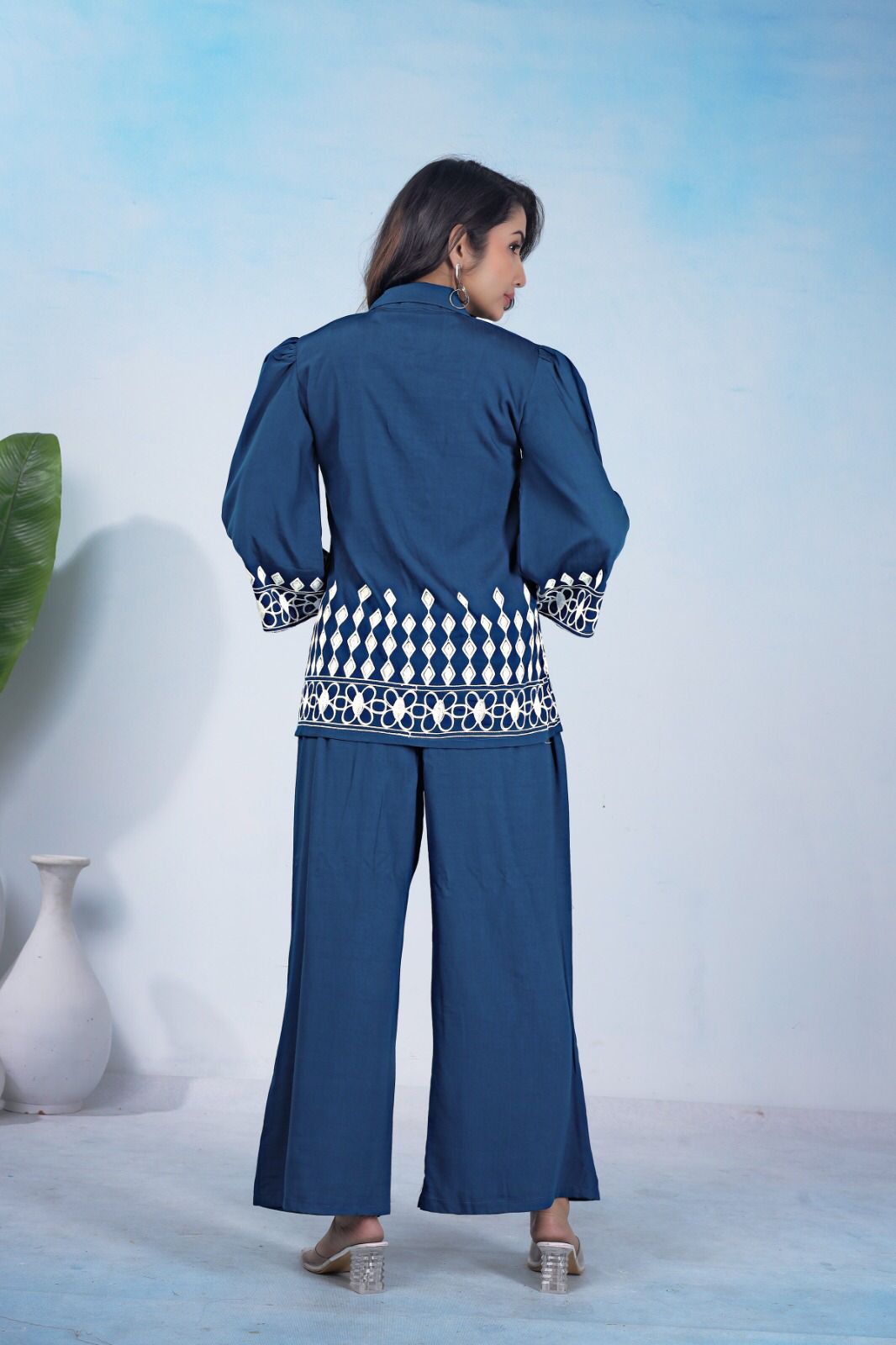 Blue co-ord set with hand embroidery for women airport look in blue color