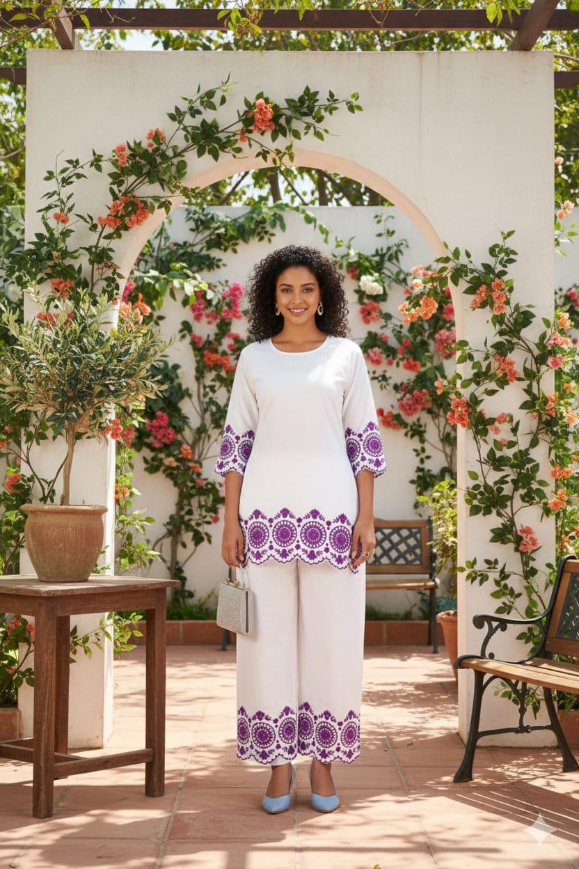 Daily Wear White Cotton Co-ord Set with embroidered top and pants for women
