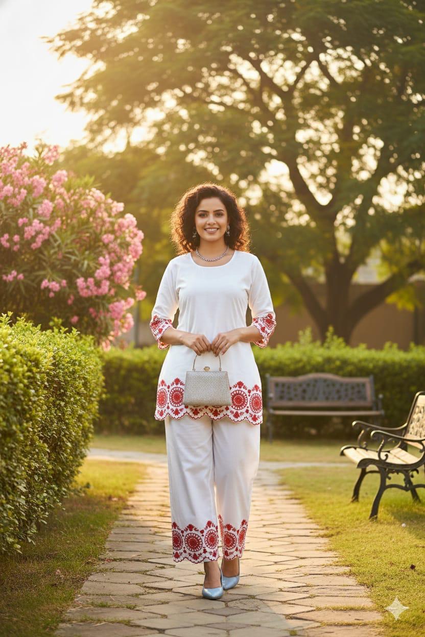 Daily wear cotton co-ord set with embroidered heavy cotton top and pants for women